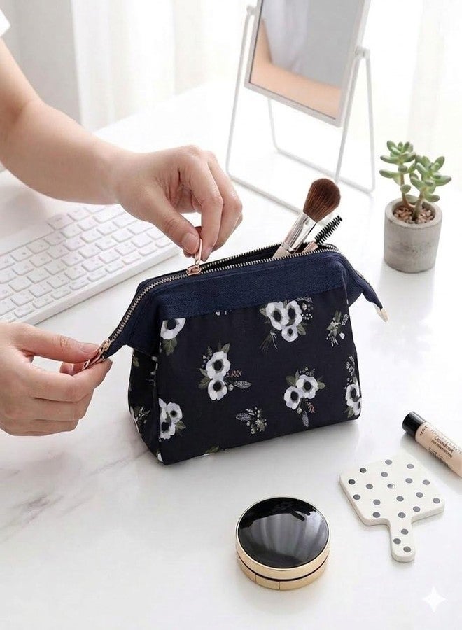 AASHRIT Cosmetic Toiletry Makeup Pouch with Portable Travel Multipurpose Water-Resistant Zipper Makeup Brush Bags - Black Flower ASPBF-69 - Image 1
