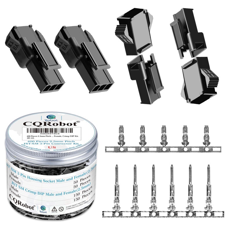 CQRobot JST SM 2.5 mm Pitch 3-Pin Electronic Connector IC Male Plugs, Female Sockets Housing and Male/Female T-Shaped Crimp Terminal Kit. 50 Sets/400 Pieces Wire-Wire Adapter Cable Assembly. - Image 1