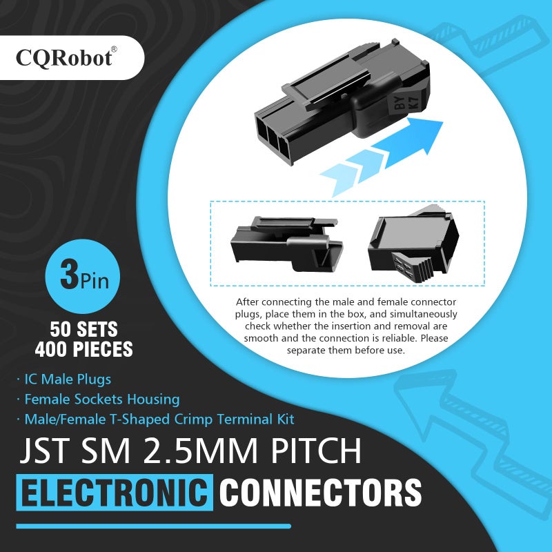 CQRobot JST SM 2.5 mm Pitch 3-Pin Electronic Connector IC Male Plugs, Female Sockets Housing and Male/Female T-Shaped Crimp Terminal Kit. 50 Sets/400 Pieces Wire-Wire Adapter Cable Assembly. - Image 2