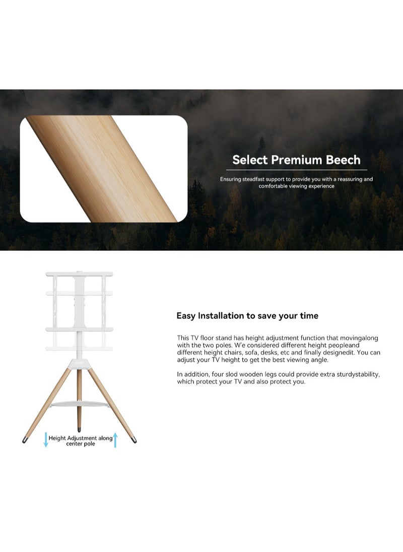 FlashHawk Rotating 180° Floor TV Stand with Storage Base, Height Adjustable Wood Tripod TV Mount for 32-65 Inch Screens, Holds 35kg, VESA 400x400, Anti-Tip Safety Strap for Living Room/Office White  - Image 5