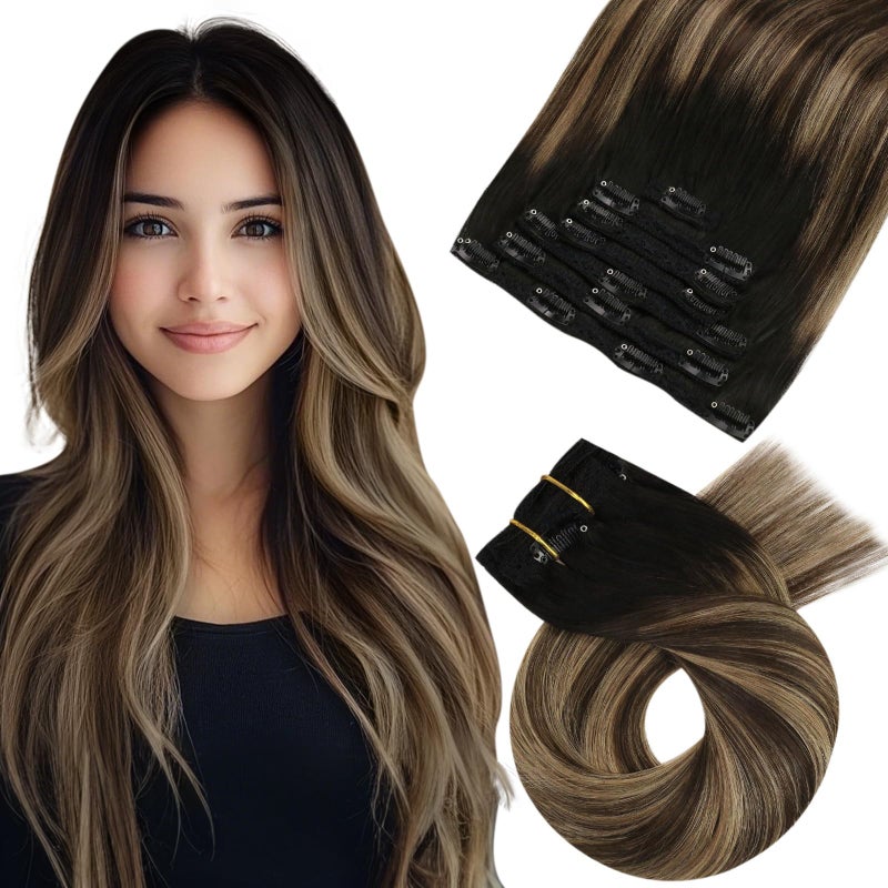 Moresoo Ombre Clip in Hair Extensions Black to Dark Brown with Dark Blonde Extensions Clip in Human Hair Double Weft Balayage Natural Black to Blonde with Brown for Women Long 120g7pcs 18 inch
