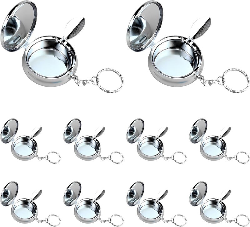 10 Pcs Mini Iron Ashtray Blanks, Metal Portable Ashtrays with Keychain, Round Silver, 2 x 0.69 in, Windproof Travel Tobacco Snuffer, DIY Company Logo - Image 1