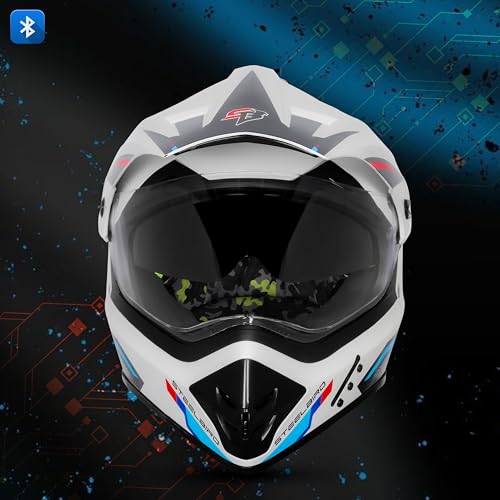 Steelbird SBH-13 Racer Bluetooth Off Road ISI Certified Motocross Double Visor Full Face Helmet Outer Clear Visor and Inner Smoke Sun Shield (Medium 580 MM, Glossy White Red) - Image 5