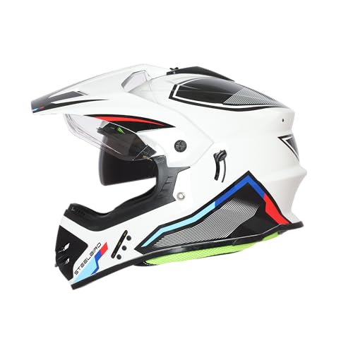 Steelbird SBH-13 Racer Bluetooth Off Road ISI Certified Motocross Double Visor Full Face Helmet Outer Clear Visor and Inner Smoke Sun Shield (Medium 580 MM, Glossy White Red) - Image 1