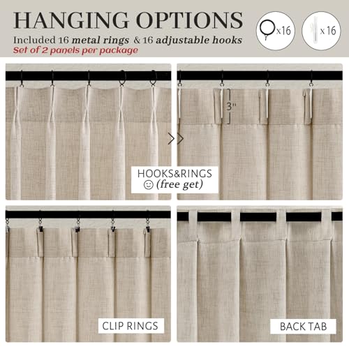 PleatedDrapes Pinch Pleat Semi Sheer Curtains 84 Inches Long for Bedroom,Elegant Natural Beige Faux Linen Light Filtering Heat Textured Curtains 2 Panels Set with Track Hooks/Rings for Living Room Windows W40"xL84" - Image 4