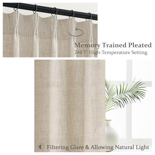 PleatedDrapes Pinch Pleat Semi Sheer Curtains 84 Inches Long for Bedroom,Elegant Natural Beige Faux Linen Light Filtering Heat Textured Curtains 2 Panels Set with Track Hooks/Rings for Living Room Windows W40"xL84" - Image 3