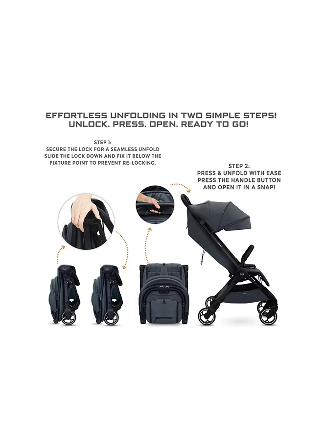 نيوبريز عربة أطفال للسفر خفيفة الوزن من دي سي إيه، معتمدة لحجم المقصورة، قابلة للطي، عربة أطفال صغيرة، عربة دفع سريعة الفتح، مظلة مقاومة للماء بعامل حماية +، ضمان  سنوات