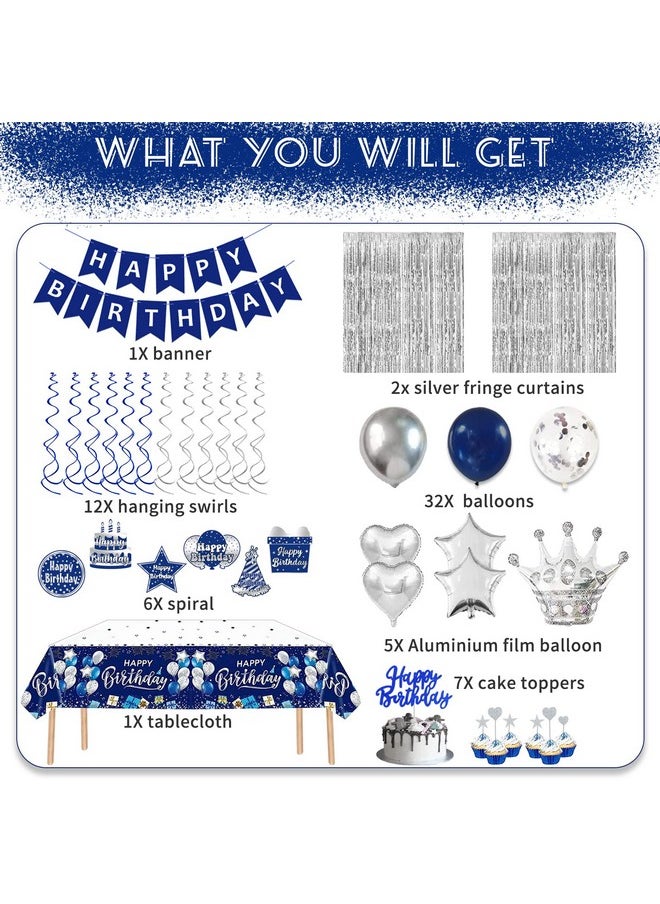 Bluegogo Navy Blue and Silver Birthday Decorations for Men Women, Blue Birthday Decorations for Men with Happy Birthday Banner Tablecloth Balloons Fringe Curtains Hanging Swirls Cake Toppers  - Image 3