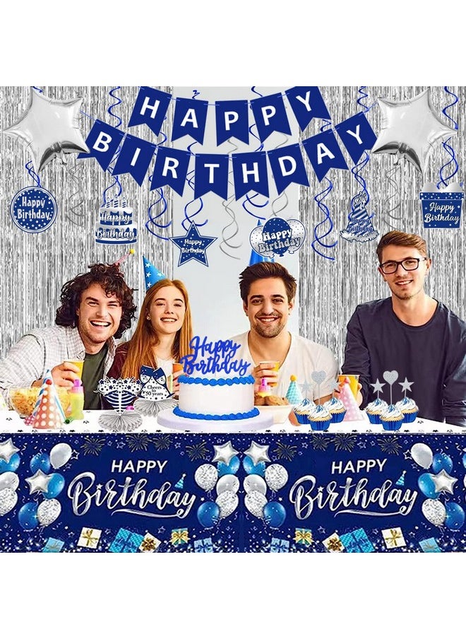 Bluegogo Navy Blue and Silver Birthday Decorations for Men Women, Blue Birthday Decorations for Men with Happy Birthday Banner Tablecloth Balloons Fringe Curtains Hanging Swirls Cake Toppers  - Image 2