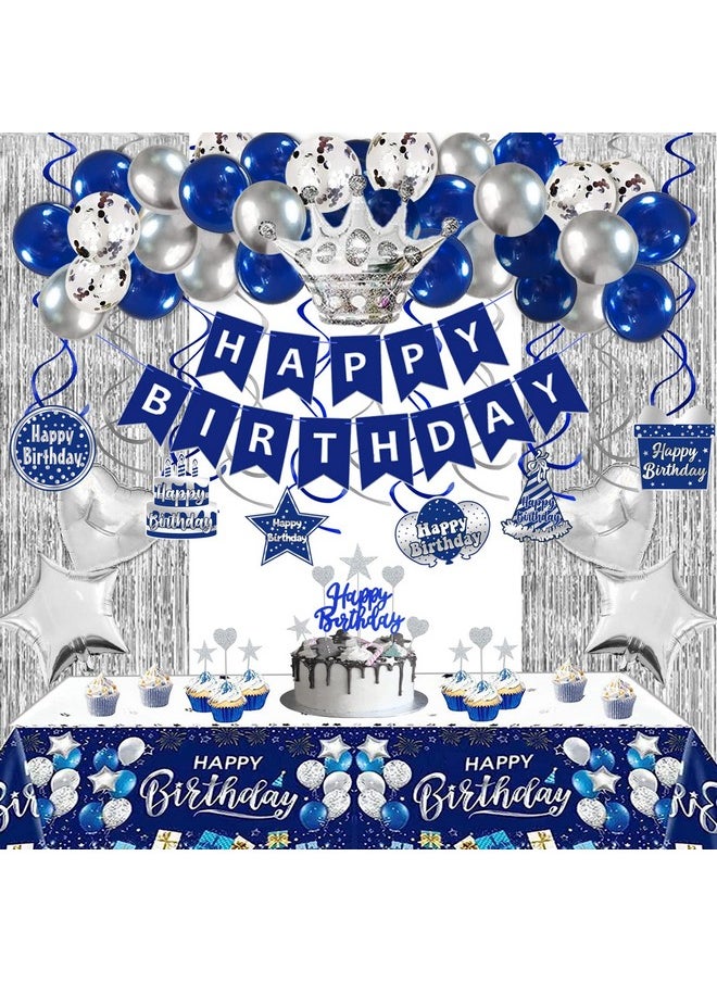 Bluegogo Navy Blue and Silver Birthday Decorations for Men Women, Blue Birthday Decorations for Men with Happy Birthday Banner Tablecloth Balloons Fringe Curtains Hanging Swirls Cake Toppers  - Image 1