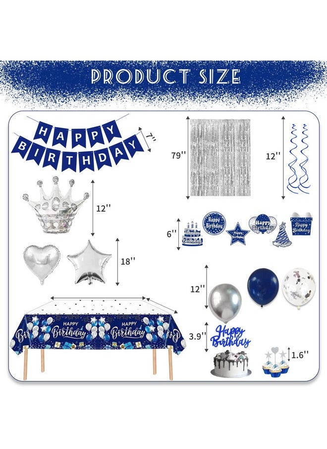 Bluegogo Navy Blue and Silver Birthday Decorations for Men Women, Blue Birthday Decorations for Men with Happy Birthday Banner Tablecloth Balloons Fringe Curtains Hanging Swirls Cake Toppers  - Image 4