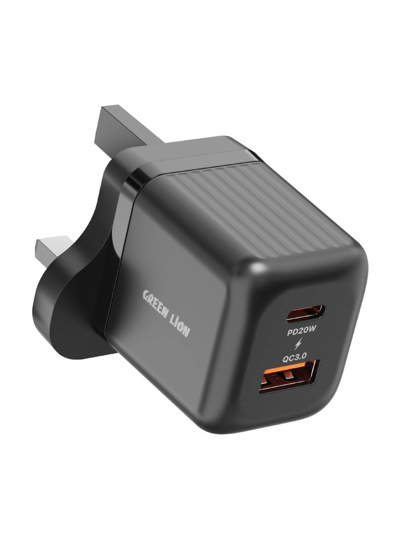 GREEN LION Ultra Compact GaN Wall Charger 2 Port UK Pin PD20W + QC3.0 with USB-C to USB-C Cable/ USB-C & USB-A Ports / Simultaneous Charging for Phone & Laptop /Charging  Protection / Travel / Secure Charger for Home & Office - Black - Image 4