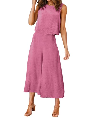 ROYLAMP Women's Summer 2 Piece Outfits Round Neck Crop Basic Top Cropped Wide Leg Pants Set Beach Jumpsuits Pink Swiss Dot M - Image 2