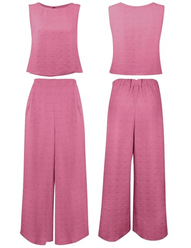 ROYLAMP Women's Summer 2 Piece Outfits Round Neck Crop Basic Top Cropped Wide Leg Pants Set Beach Jumpsuits Pink Swiss Dot M - Image 5