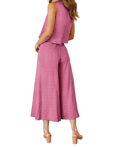 ROYLAMP Women's Summer 2 Piece Outfits Round Neck Crop Basic Top Cropped Wide Leg Pants Set Beach Jumpsuits Pink Swiss Dot M - Image 3