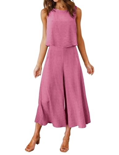 ROYLAMP Women's Summer 2 Piece Outfits Round Neck Crop Basic Top Cropped Wide Leg Pants Set Beach Jumpsuits Pink Swiss Dot M - Image 1