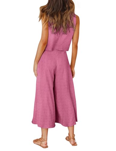 ROYLAMP Women's Summer 2 Piece Outfits Round Neck Crop Basic Top Cropped Wide Leg Pants Set Beach Jumpsuits Pink Swiss Dot M - Image 4