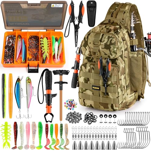 PLUSINNO Fishing Backpack with Tackle Boxes Waterproof Fishing Sling Tackle Bag For Fishing Gear With Rod Holder Fishing Gifts for Men With Fishing lures Fishing pliers - Image 1