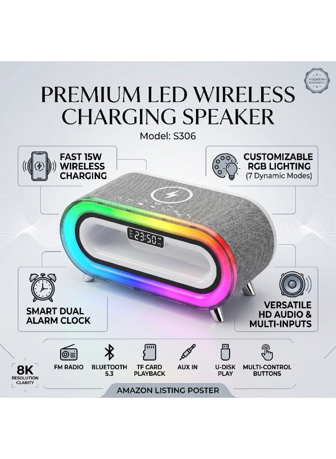 موتوك ساعة منبه مزودة بمكبر صوت بلوتوث وشحن لاسلكي S306، شاحن سريع 15 واط مع شاشة LED، إضاءة ليلية RGB، منبه مزدوج، راديو FM، مؤقت نوم، قماش رمادي - Image 5