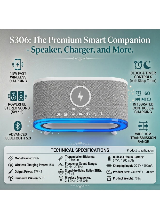 موتوك ساعة منبه مزودة بمكبر صوت بلوتوث وشحن لاسلكي S306، شاحن سريع 15 واط مع شاشة LED، إضاءة ليلية RGB، منبه مزدوج، راديو FM، مؤقت نوم، قماش رمادي - Image 4