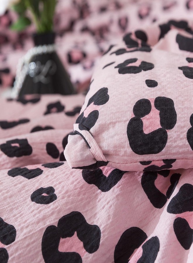 Caressma Safari Leopard Cheetah Print Comforter Set, Queen Size 3 Pieces Comforter Bedding Set, Girls Pink Soft Washed Cotton Seersucker Fiber, Untamed Wilderness Style Comforter with Pillowshams - Image 5