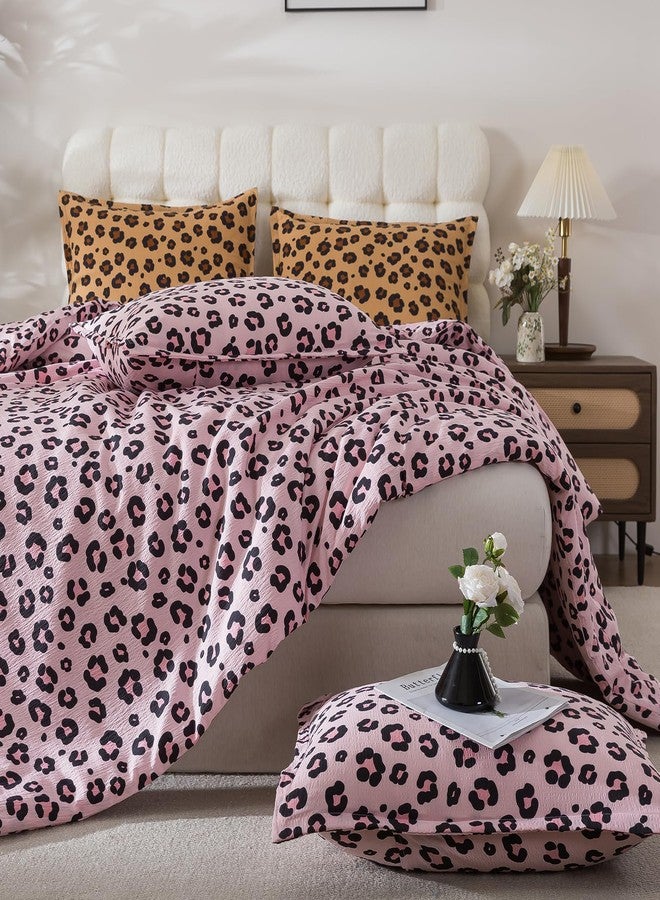 Caressma Safari Leopard Cheetah Print Comforter Set, Queen Size 3 Pieces Comforter Bedding Set, Girls Pink Soft Washed Cotton Seersucker Fiber, Untamed Wilderness Style Comforter with Pillowshams - Image 3