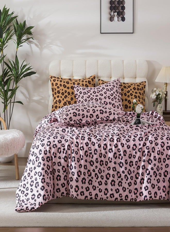 Caressma Safari Leopard Cheetah Print Comforter Set, Queen Size 3 Pieces Comforter Bedding Set, Girls Pink Soft Washed Cotton Seersucker Fiber, Untamed Wilderness Style Comforter with Pillowshams - Image 1