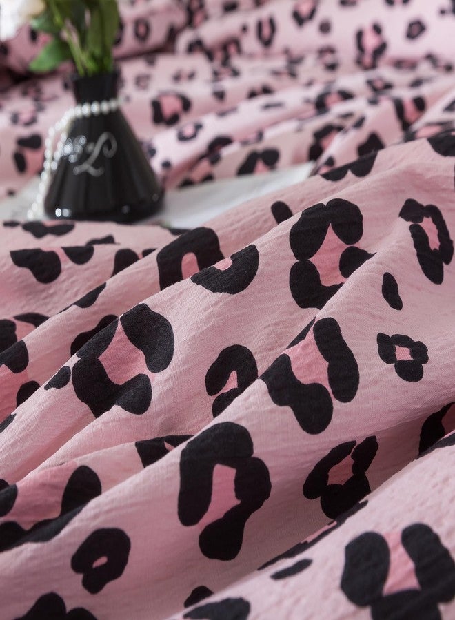 Caressma Safari Leopard Cheetah Print Comforter Set, Queen Size 3 Pieces Comforter Bedding Set, Girls Pink Soft Washed Cotton Seersucker Fiber, Untamed Wilderness Style Comforter with Pillowshams - Image 4