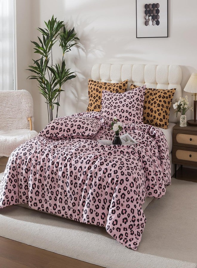 Caressma Safari Leopard Cheetah Print Comforter Set, Queen Size 3 Pieces Comforter Bedding Set, Girls Pink Soft Washed Cotton Seersucker Fiber, Untamed Wilderness Style Comforter with Pillowshams - Image 2