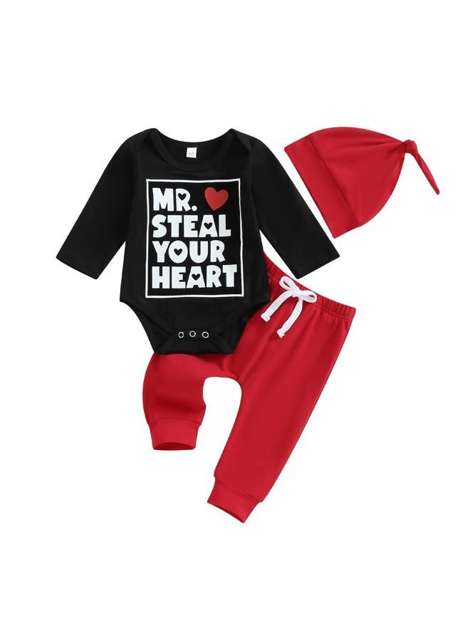 Gureui My First Valentines Day Baby Boy Outfit Long Sleeve Heart Print Romper Onesie Pants Toddler Infant Newborn Clothes, A Black Mr Steal Your Heart, 0-3 months - Image 1