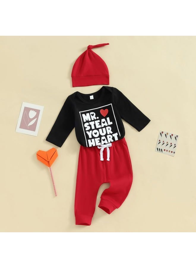 Gureui My First Valentines Day Baby Boy Outfit Long Sleeve Heart Print Romper Onesie Pants Toddler Infant Newborn Clothes, A Black Mr Steal Your Heart, 0-3 months - Image 3
