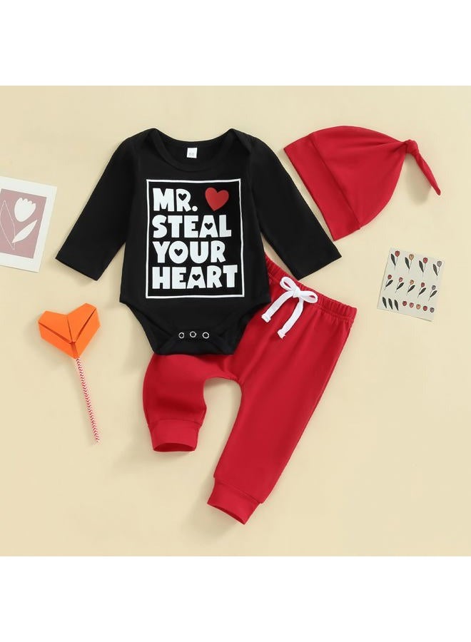 Gureui My First Valentines Day Baby Boy Outfit Long Sleeve Heart Print Romper Onesie Pants Toddler Infant Newborn Clothes, A Black Mr Steal Your Heart, 0-3 months - Image 2