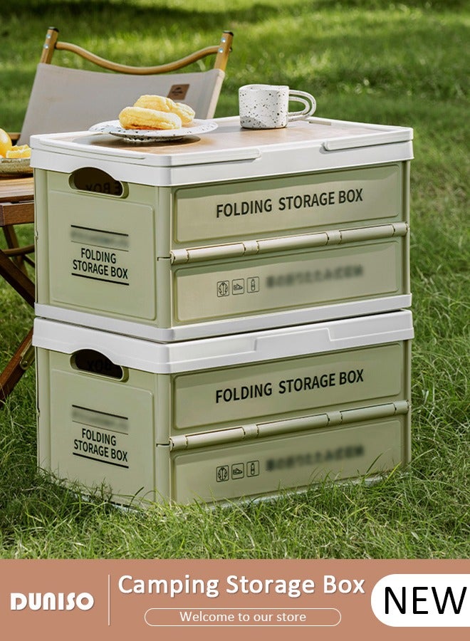 DUNISO صندوق تخزين محمول للتخييم، حاوية تخزين خارجية بغطاء خشبي، صندوق تخزين قابل للطي بسعة كبيرة مع مقبض، طاولة نزهة قابلة للطي خفيفة الوزن وطاولة تخييم وتخزين للطهي في الهواء الطلق والنزهات - Image 1