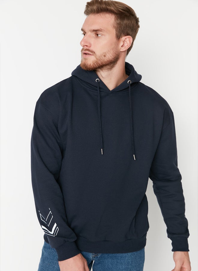 trendyol Navy Blue Oversize/Wide Cut Text Printed Inside Fleece/Warm Sweatshirt - Image 2