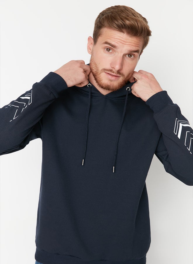 trendyol Navy Blue Oversize/Wide Cut Text Printed Inside Fleece/Warm Sweatshirt - Image 4