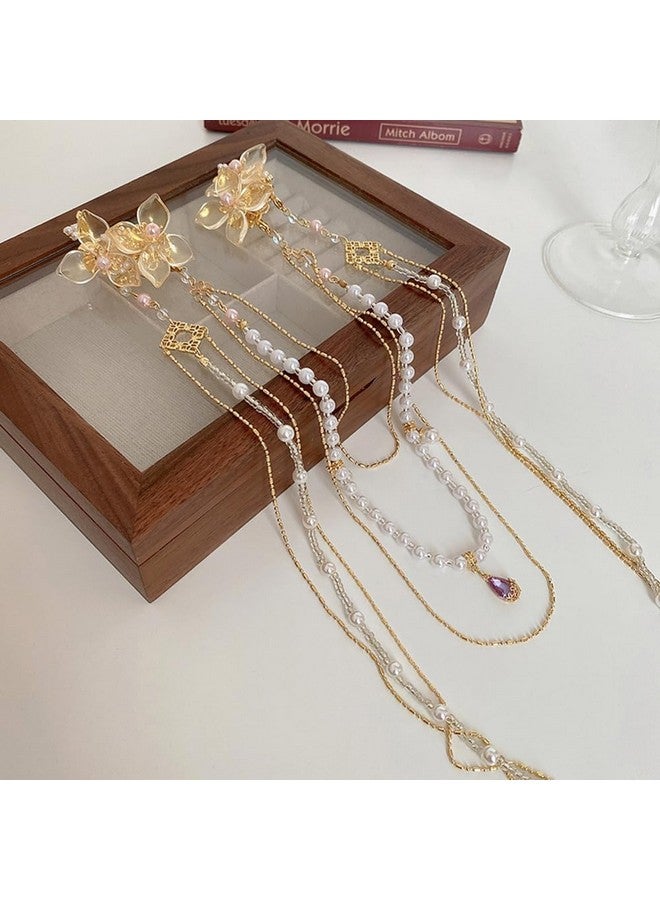 ويوپار مشبك شعر Wiwpar مع مشابك شعر على شكل فراشة وزهرة طويلة مزينة بشراشيب، إكسسوارات تصفيف شعر على شكل فراشة وسلسلة من اللؤلؤ للنساء والفتيات، 20.4 × 7.8 بوصة (52 × 20 سم)، ذهبي - Image 4