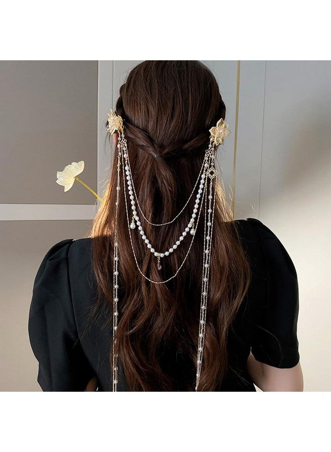 ويوپار مشبك شعر Wiwpar مع مشابك شعر على شكل فراشة وزهرة طويلة مزينة بشراشيب، إكسسوارات تصفيف شعر على شكل فراشة وسلسلة من اللؤلؤ للنساء والفتيات، 20.4 × 7.8 بوصة (52 × 20 سم)، ذهبي - Image 1