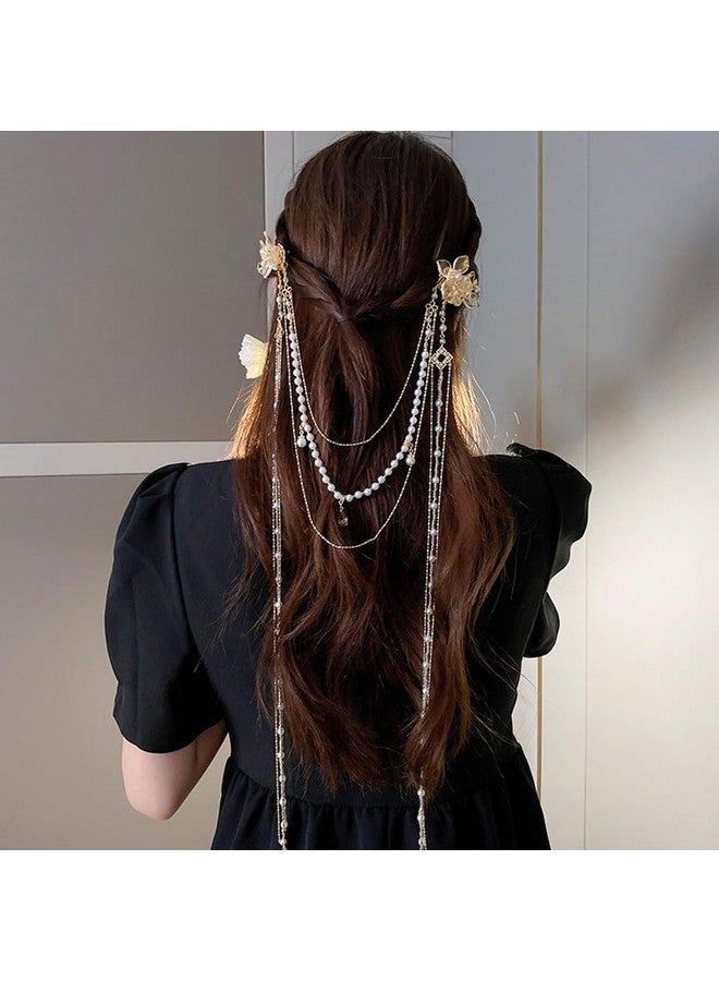 ويوپار مشبك شعر Wiwpar مع مشابك شعر على شكل فراشة وزهرة طويلة مزينة بشراشيب، إكسسوارات تصفيف شعر على شكل فراشة وسلسلة من اللؤلؤ للنساء والفتيات، 20.4 × 7.8 بوصة (52 × 20 سم)، ذهبي - Image 2