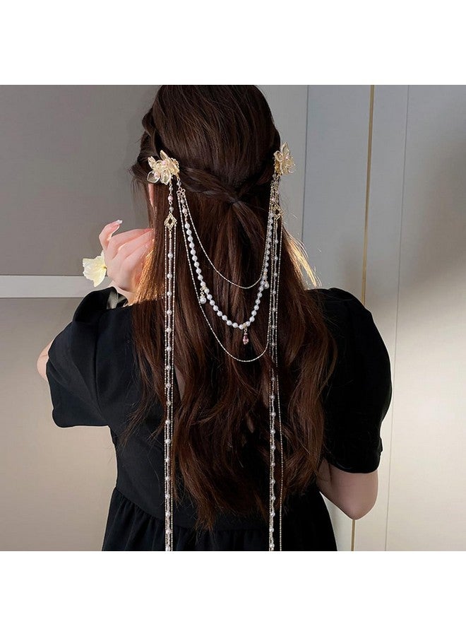 ويوپار مشبك شعر Wiwpar مع مشابك شعر على شكل فراشة وزهرة طويلة مزينة بشراشيب، إكسسوارات تصفيف شعر على شكل فراشة وسلسلة من اللؤلؤ للنساء والفتيات، 20.4 × 7.8 بوصة (52 × 20 سم)، ذهبي - Image 3