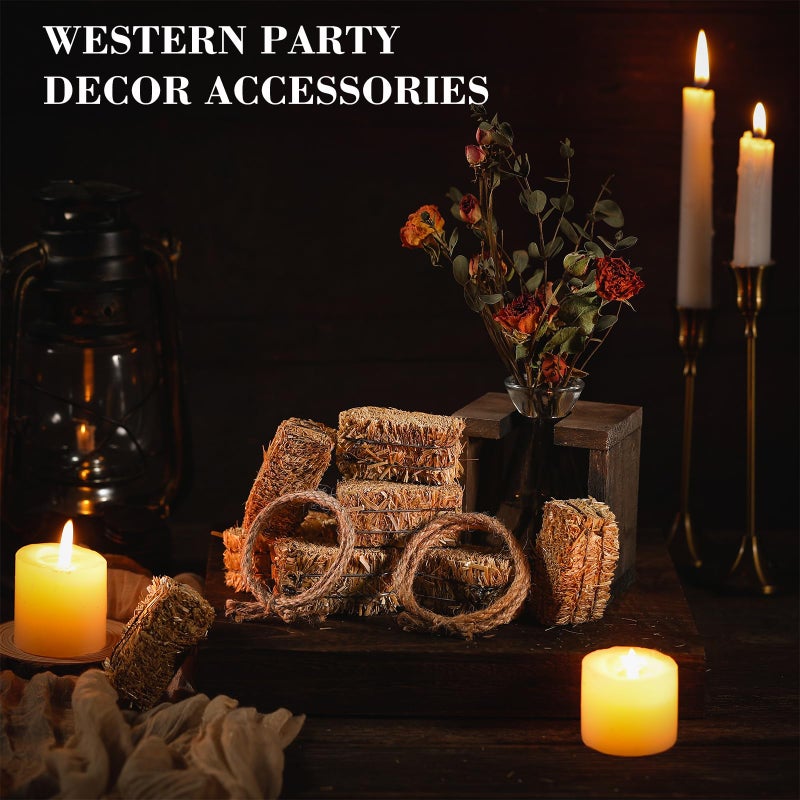 Conelist 24 Pcs Western Themed Party Decorations 12 Mini Decorative Hay Bales with 12 Twisted Hemp Rope for Cowboy Table Centerpieces Horse Rodeo Fall Harvest Craft, 1.2 x 2.6 x 1.2 Inch Each - Image 3