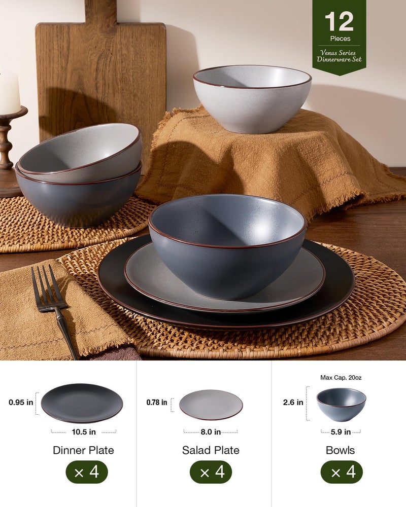 Famiware Venus Plates and Bowls Sets, 12 Pieces Stoneware Speckled Dinnerware Dishes Set for 4, Assorted Colors - Microwave & Dishwasher Safe, Modern Minimalist, for Everyday Meals & Formal Dining - Image 5