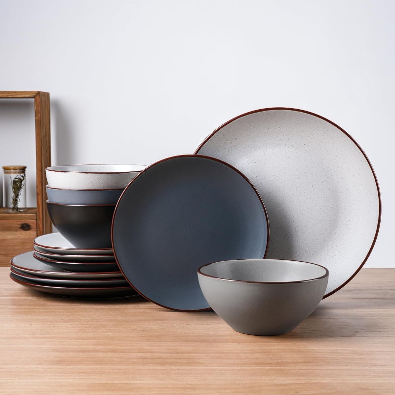 Famiware Venus Plates and Bowls Sets, 12 Pieces Stoneware Speckled Dinnerware Dishes Set for 4, Assorted Colors - Microwave & Dishwasher Safe, Modern Minimalist, for Everyday Meals & Formal Dining - Image 1