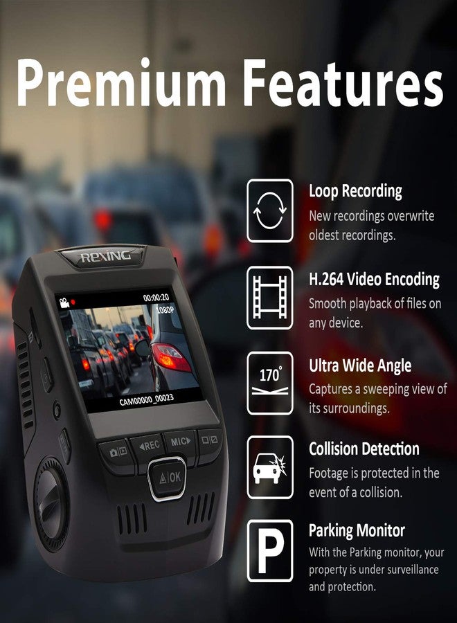 Rexing Dash Cam V1 Basic 1080P FHD DVR Car Driving Recorder with Sony Exmor Video Sensor, 2.4" LCD Screen 170°Wide Angle, G-Sensor, WDR, Parking Monitor, Loop Recording - Image 2