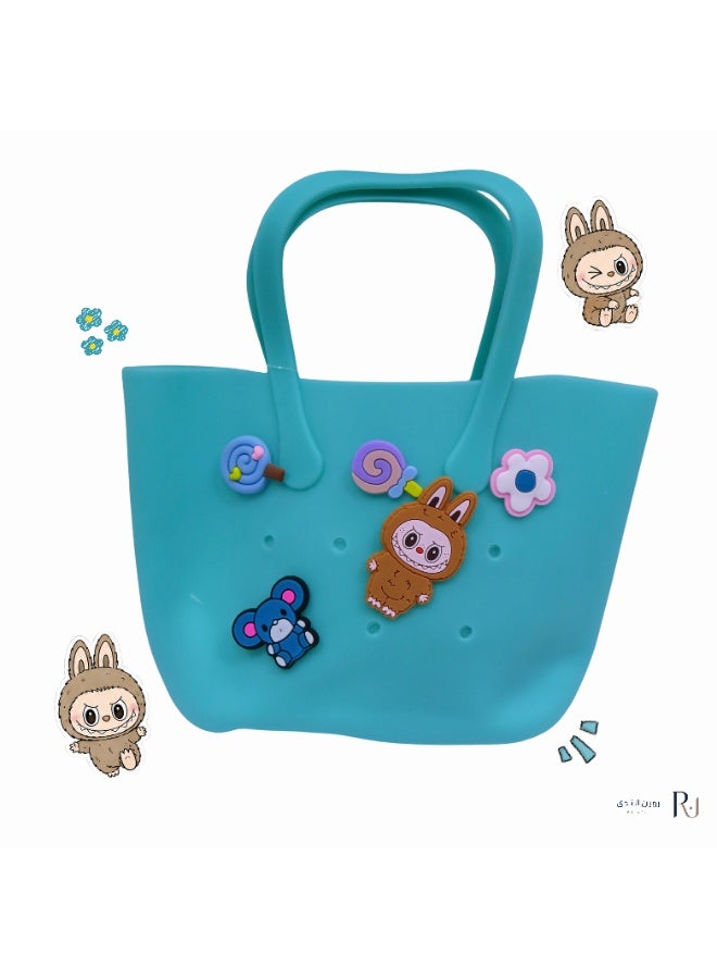 Teal Blue Silicone Tote Bag with Labubu Character & Cute Charms