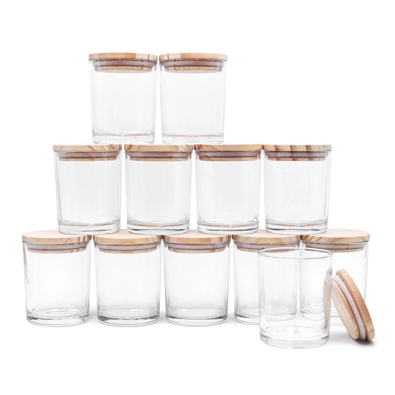 SHOWIN Thick Candle Jars for Making Candles 12 Pcs, 7 OZ Empty Jars with Wood Lids for Candle Making, Sample Container, Clear - Image 1