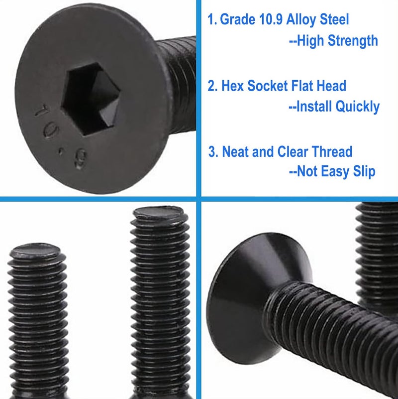 HanTof 100PCS M5 x 8/12/16/20/30mm Flat Head Hex Socket Cap Screws Bolts, CSK Allen Head Machine Screws Set With Hex Key, Grade 10.9 Alloy Steel Black Oxide Finish, Fully Threaded Pitch: 0.8mm - Image 4