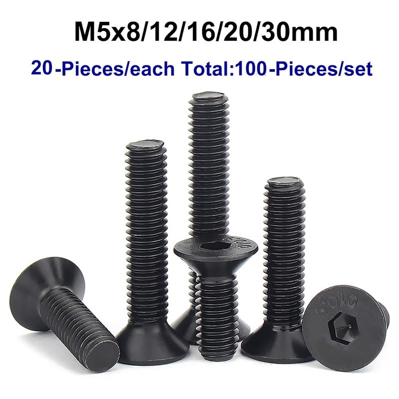 HanTof 100PCS M5 x 8/12/16/20/30mm Flat Head Hex Socket Cap Screws Bolts, CSK Allen Head Machine Screws Set With Hex Key, Grade 10.9 Alloy Steel Black Oxide Finish, Fully Threaded Pitch: 0.8mm - Image 5