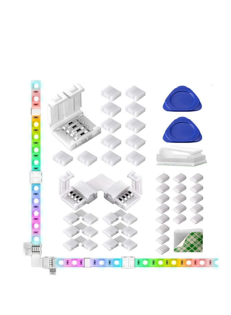 Beauenty 40pcs 10mm 4Pin LED Strip Connector Wire 5050 RGB 12 Pack Gapless 6 Corner Connectors for Multicolor Strip 5V 24V 20W Wire Clip 2 Opening Tool - Image 1