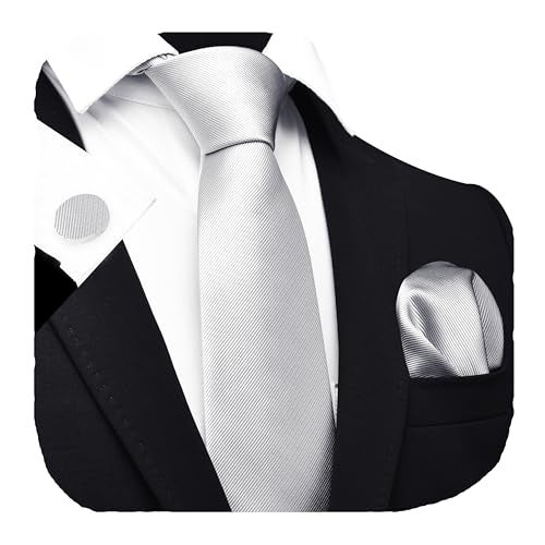 GUSLESON Solid Silver Wedding Ties For Men Neckties and Pocket Square Cufflinks Sets(IN0789-50) - Image 1