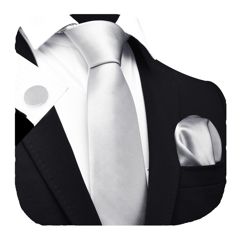 GUSLESON Solid Silver Wedding Ties For Men Neckties and Pocket Square Cufflinks Sets(IN0789-50) - Image 5